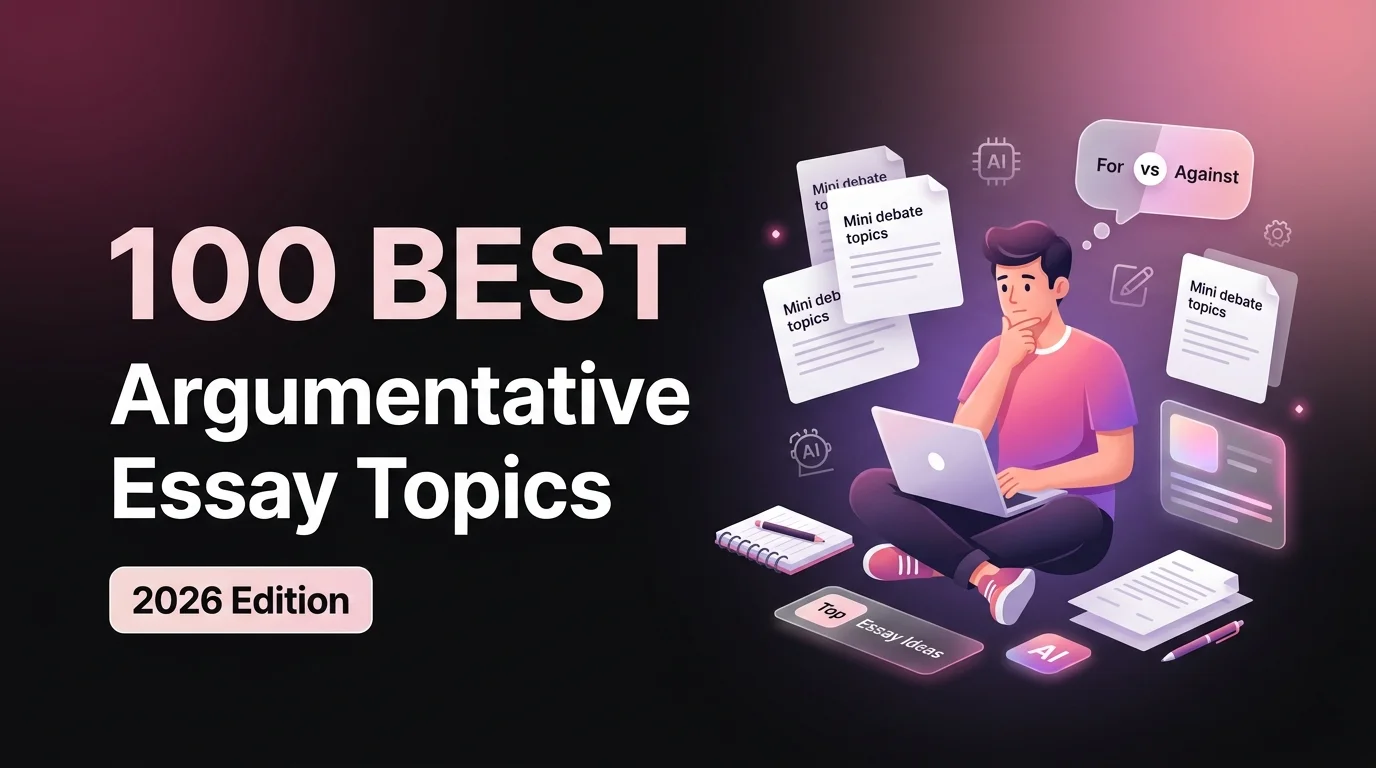 Student choosing an argumentative essay topic from a list — 100 ideas for 2026