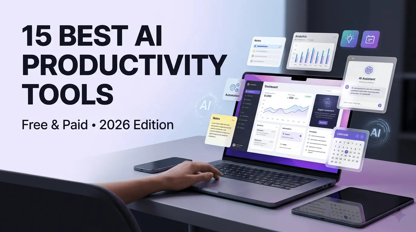 Dashboard showing 15 best AI productivity tools of 2026 organized by category