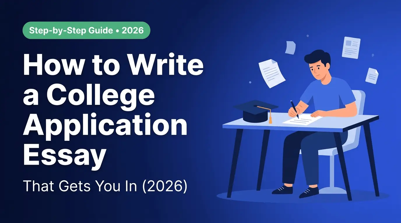 Student writing a college application essay at a desk in 2026