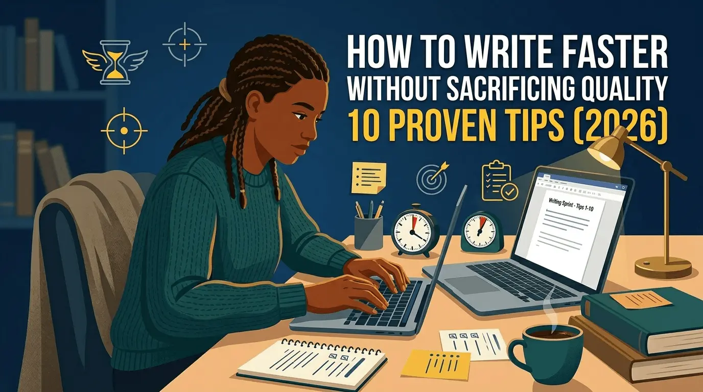 Student writing faster at a desk with a timer and notes